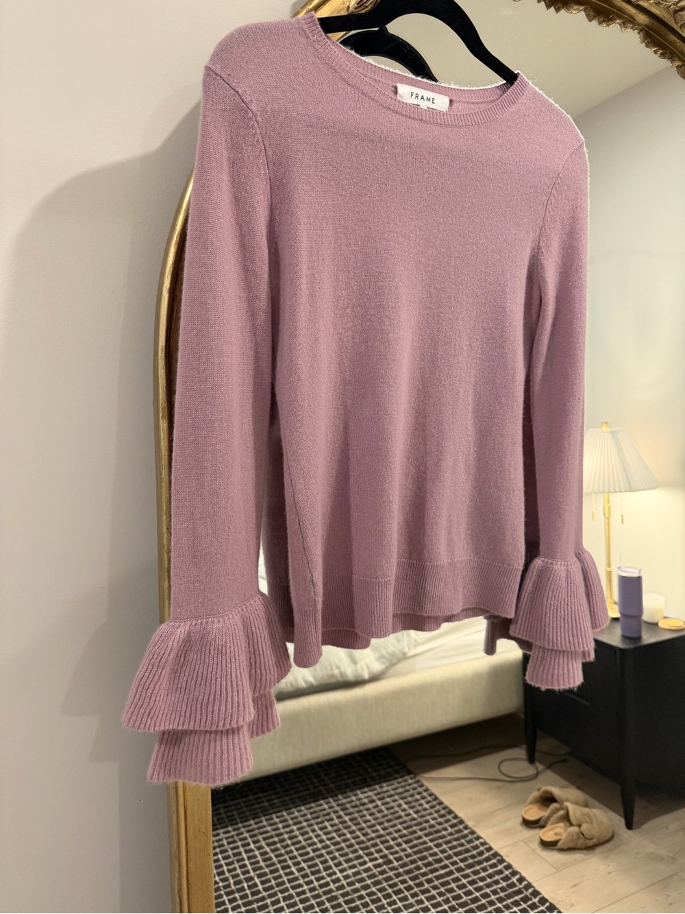 Frame Denim Dusty Rose Ruffle-Cuff Crewneck Sweater